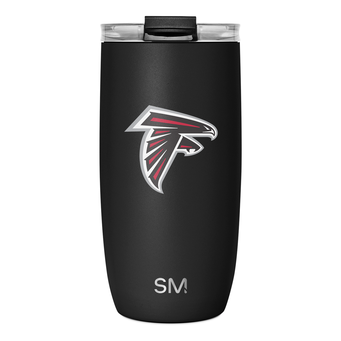 Matte black tumbler with bright red and white accents, black lid, and transparent viewing window