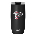 Matte black tumbler with bright red and white accents, black lid, and transparent viewing window