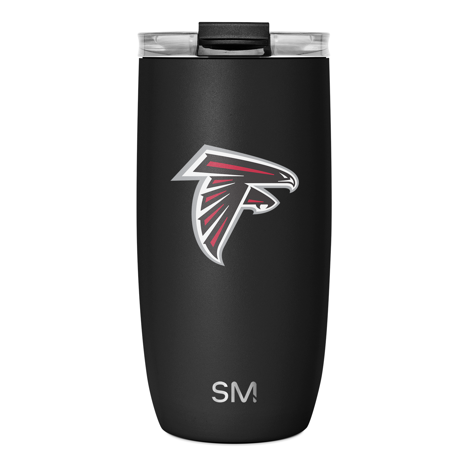 Matte black tumbler with bright red and white accents, black lid, and transparent viewing window