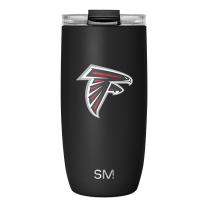 Matte black tumbler with bright red and white accents, black lid, and transparent viewing window