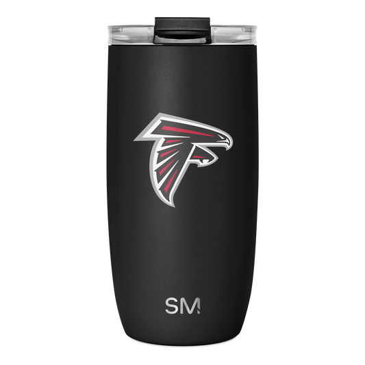 Matte black tumbler with bright red and white accents, black lid, and transparent viewing window