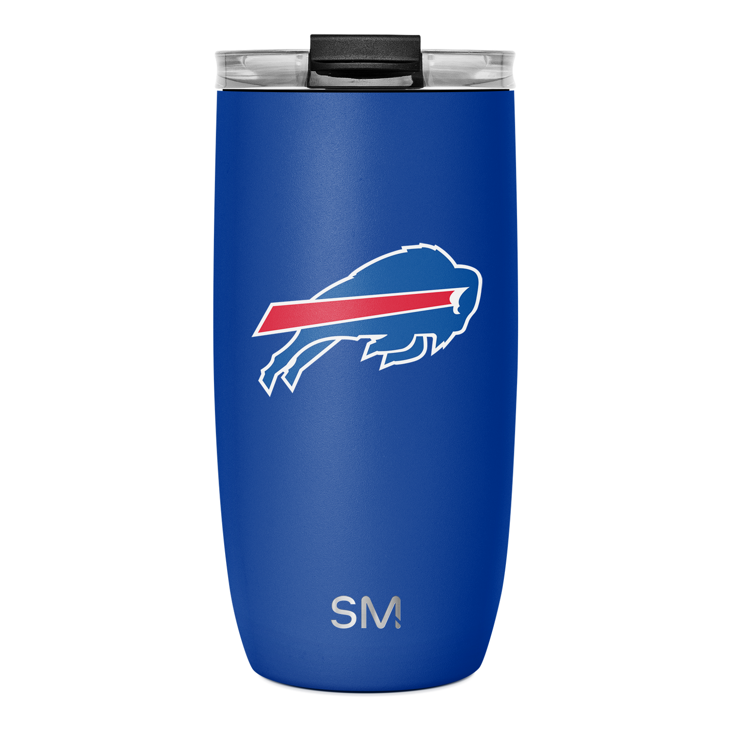 Royal blue tumbler with white text and outline, red diagonal stripe, and black silicone lid.