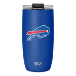 Royal blue tumbler with white text and outline, red diagonal stripe, and black silicone lid.