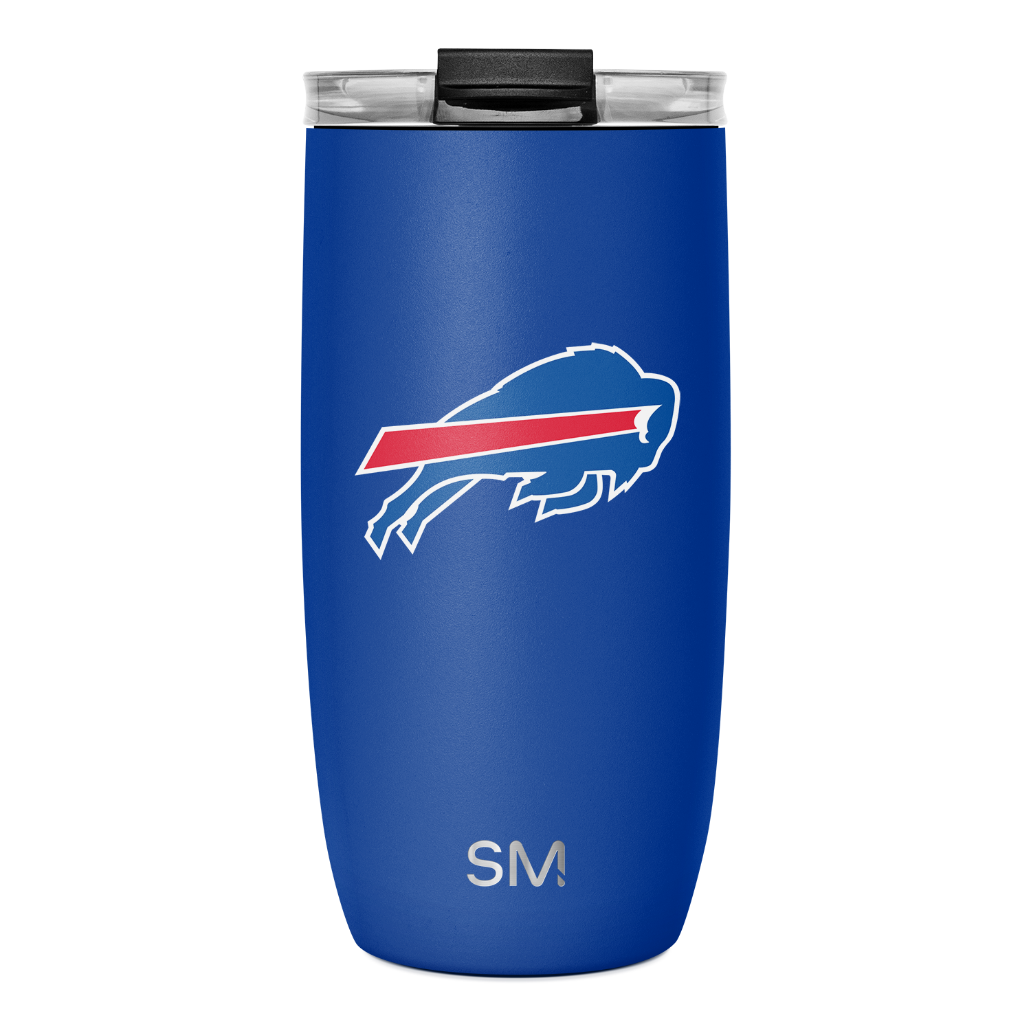 Royal blue tumbler with white text and outline, red diagonal stripe, and black silicone lid.