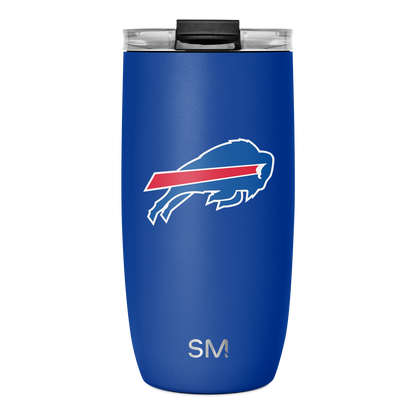 Royal blue tumbler with white text and outline, red diagonal stripe, and black silicone lid.