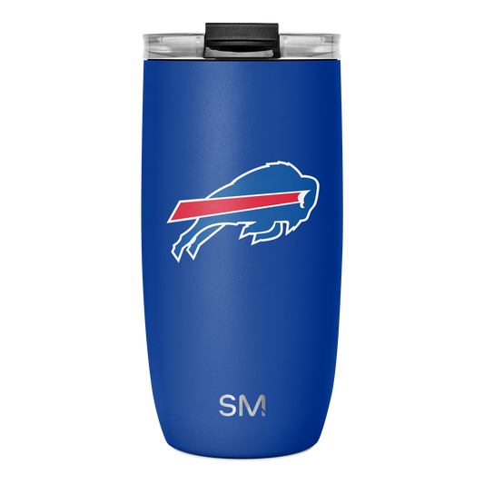 Royal blue tumbler with white text and outline, red diagonal stripe, and black silicone lid.