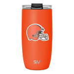 Bright orange tumbler with black lid and rim, featuring a football helmet design