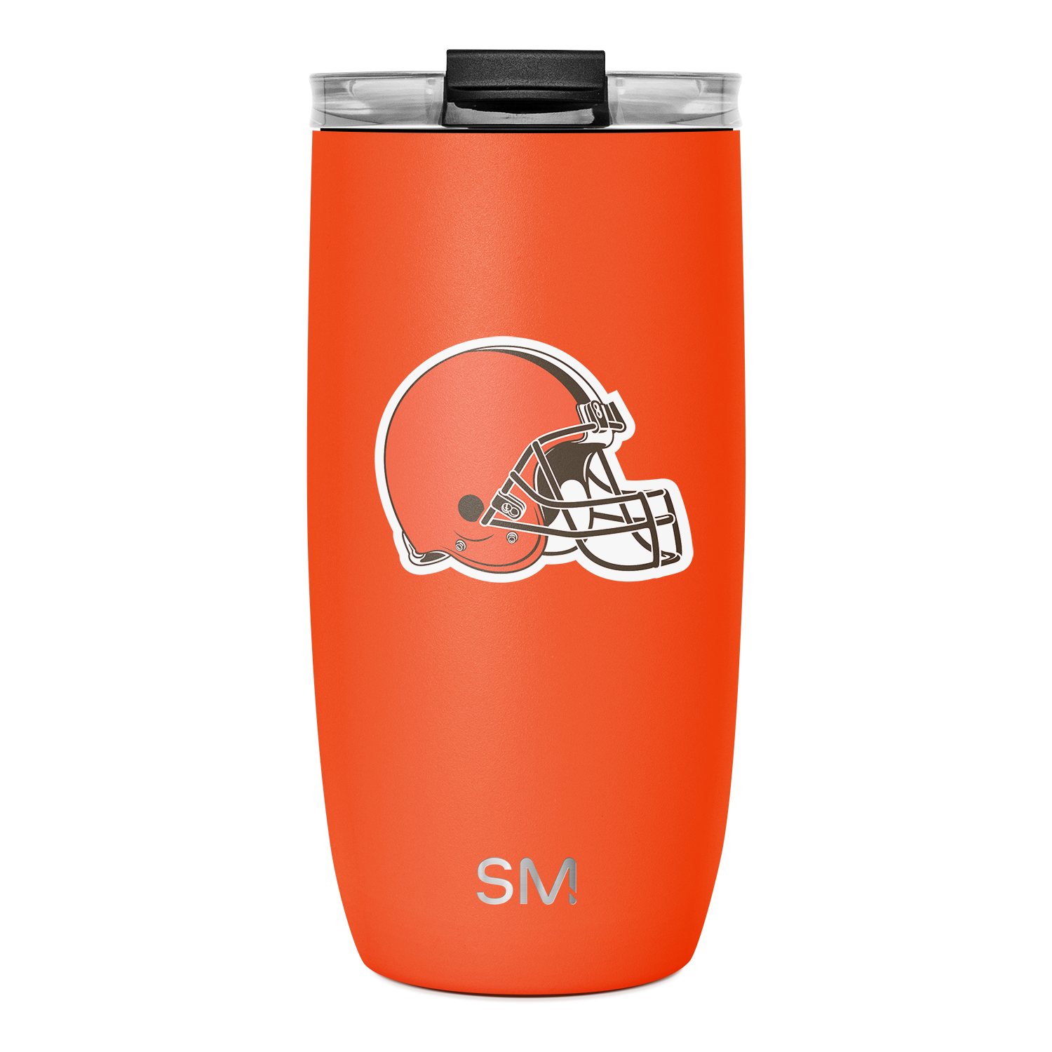 Bright orange tumbler with black lid and rim, featuring a football helmet design
