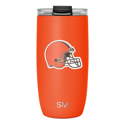 Bright orange tumbler with black lid and rim, featuring a football helmet design