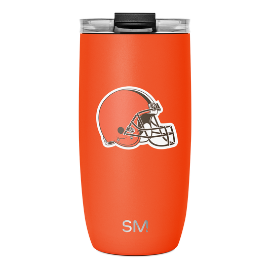 Bright orange tumbler with black lid and rim, featuring a football helmet design