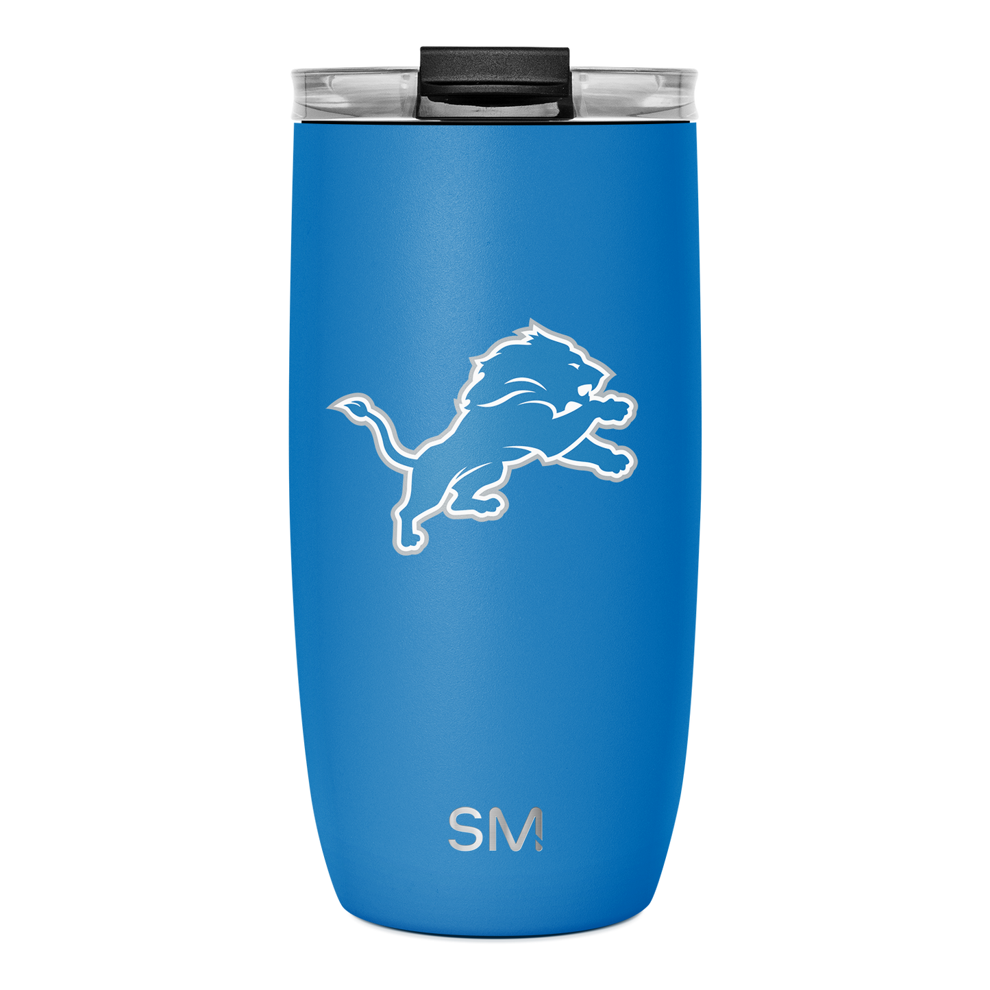 Bright blue tumbler with black lid and rim details, matte finish