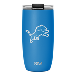 Bright blue tumbler with black lid and rim details, matte finish