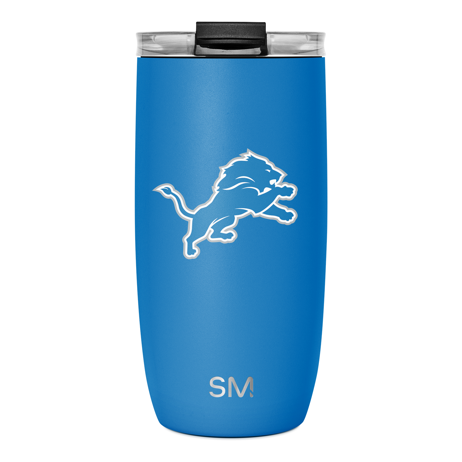 Bright blue tumbler with black lid and rim details, matte finish