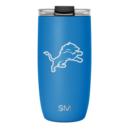 Bright blue tumbler with black lid and rim details, matte finish