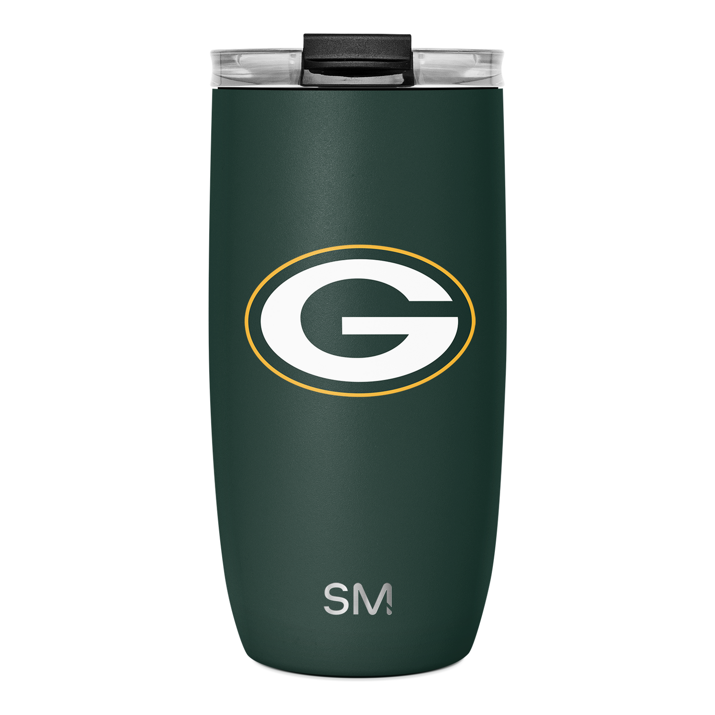 Forest green tumbler with gold trim and white logo, conveying sophistication and team spirit
