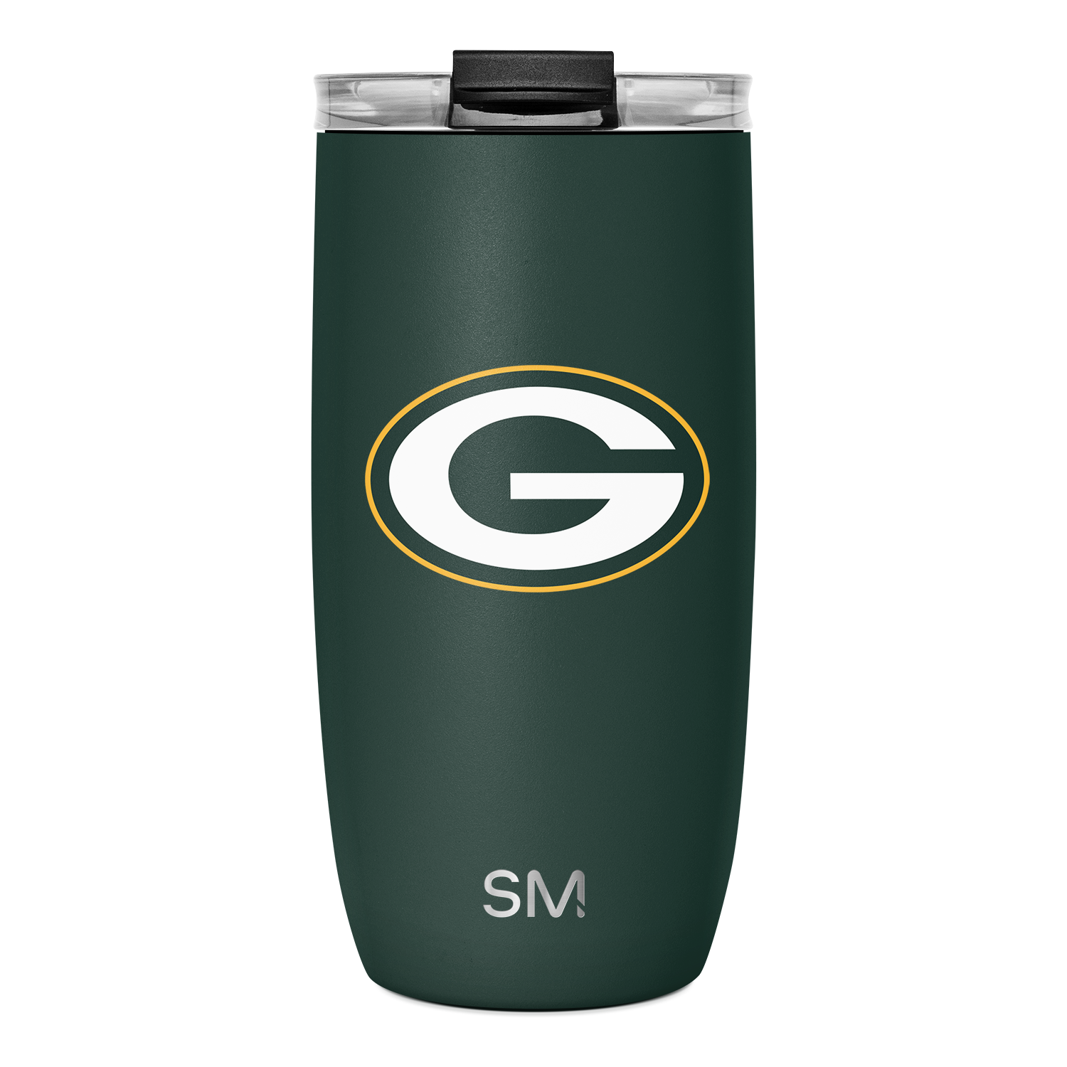 Forest green tumbler with gold trim and white logo, conveying sophistication and team spirit