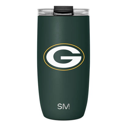Forest green tumbler with gold trim and white logo, conveying sophistication and team spirit