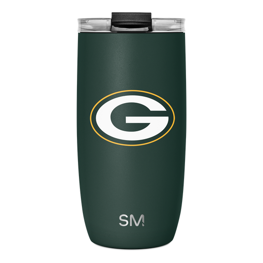 Forest green tumbler with gold trim and white logo, conveying sophistication and team spirit