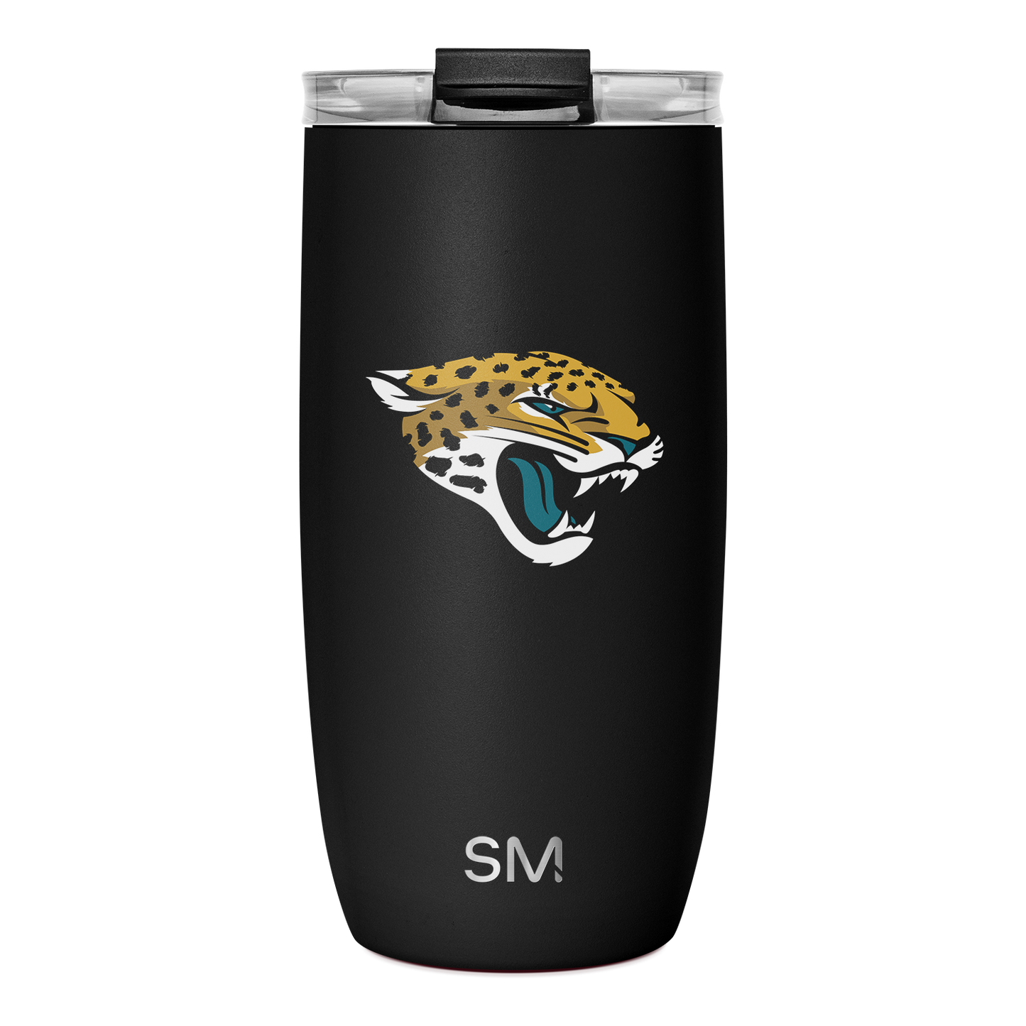 Black matte tumbler with Jacksonville Jaguars logo featuring gold and mustard yellow jaguar head and body with white accents