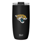 Black matte tumbler with Jacksonville Jaguars logo featuring gold and mustard yellow jaguar head and body with white accents