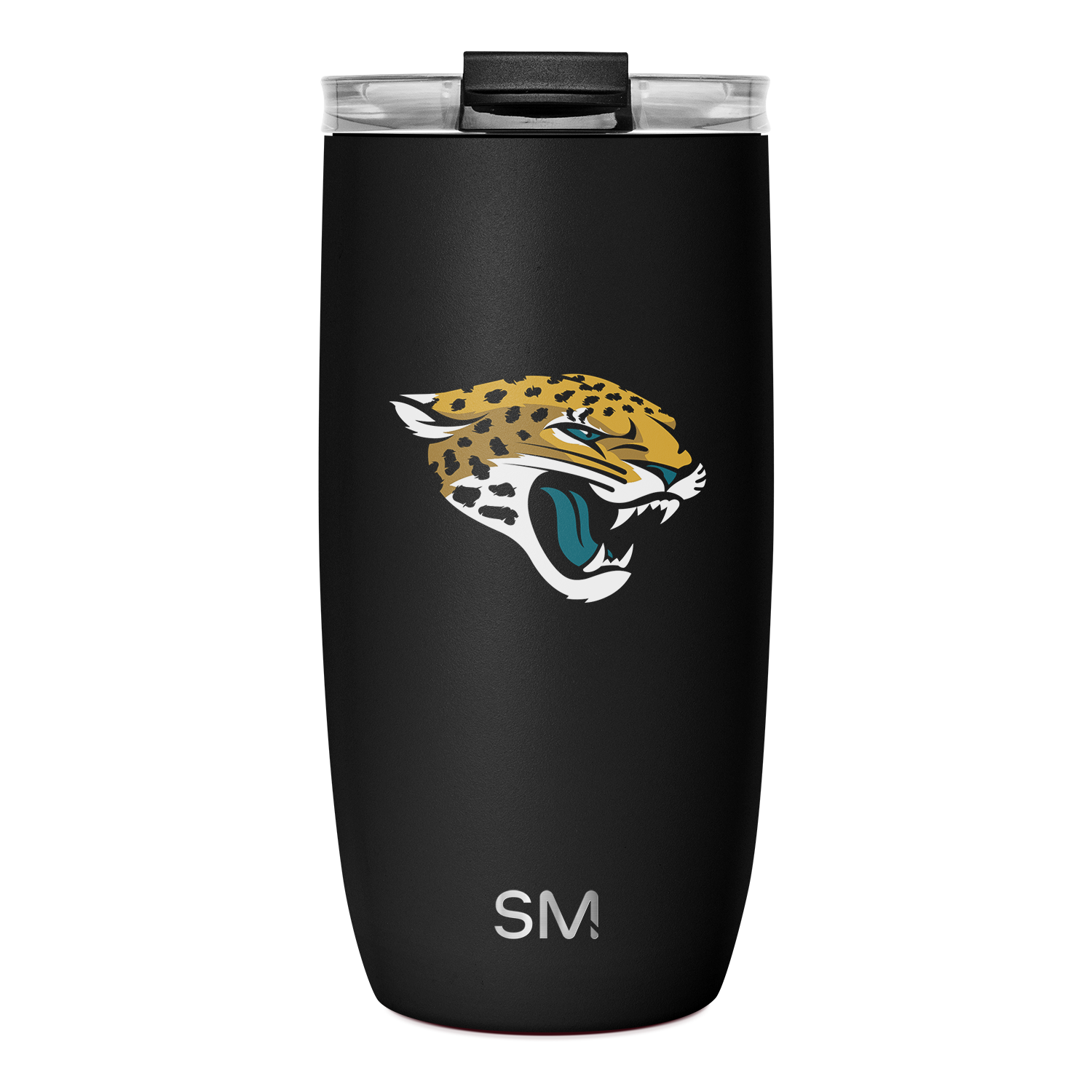 Black matte tumbler with Jacksonville Jaguars logo featuring gold and mustard yellow jaguar head and body with white accents