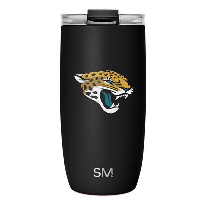 Black matte tumbler with Jacksonville Jaguars logo featuring gold and mustard yellow jaguar head and body with white accents