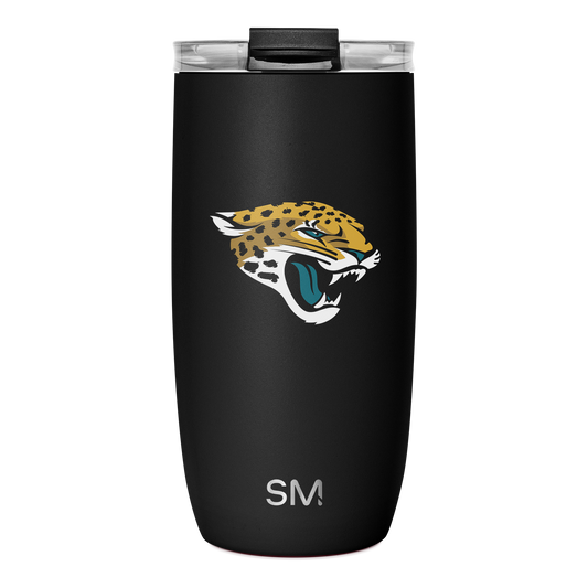 Black matte tumbler with Jacksonville Jaguars logo featuring gold and mustard yellow jaguar head and body with white accents