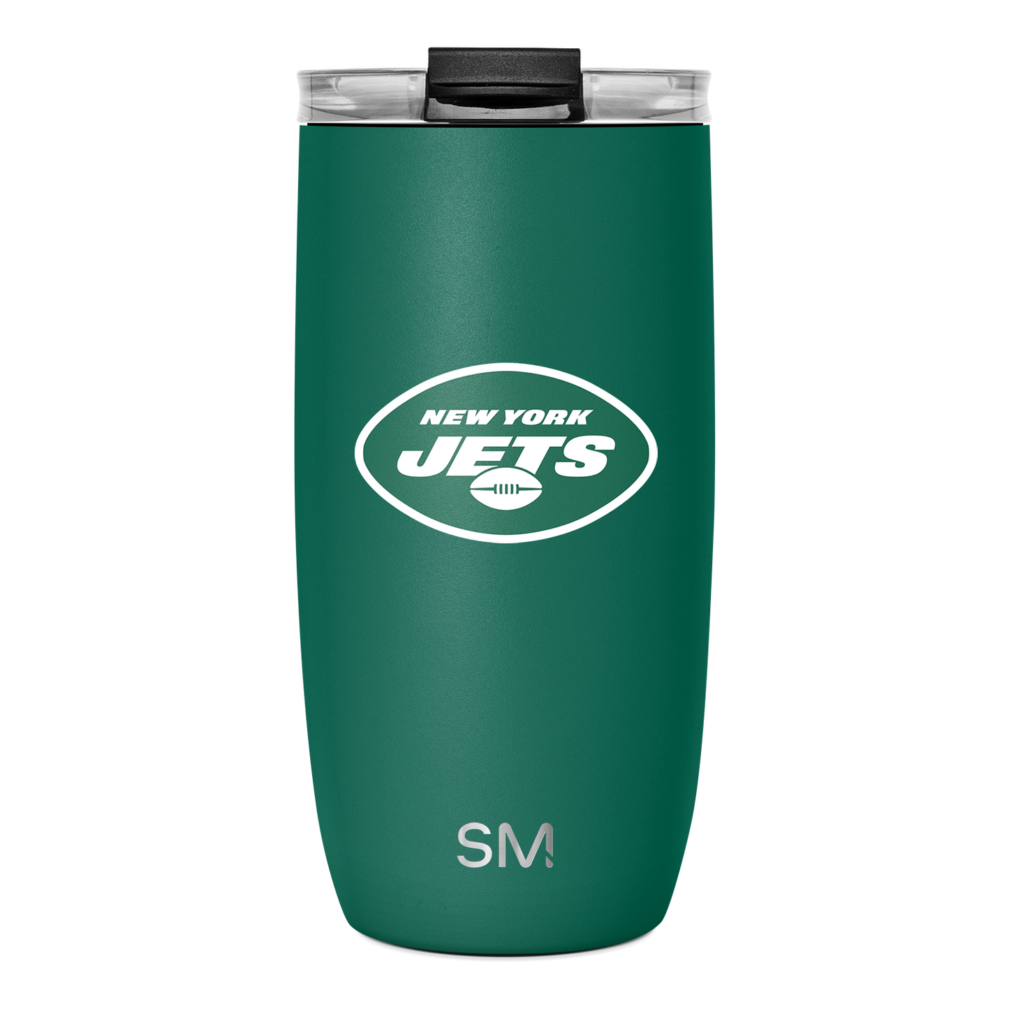 Forest green stainless steel tumbler with solid black lid and clear plastic top, featuring logo details on the lid.