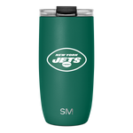 Forest green stainless steel tumbler with solid black lid and clear plastic top, featuring logo details on the lid.