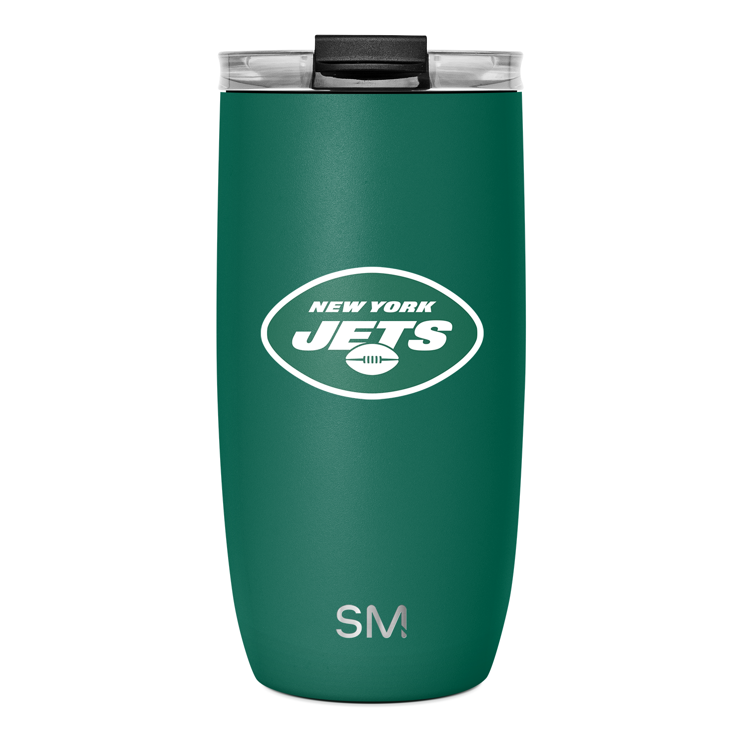 Forest green stainless steel tumbler with solid black lid and clear plastic top, featuring logo details on the lid.