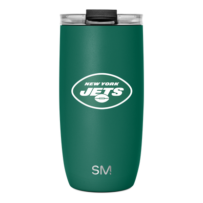 Forest green stainless steel tumbler with solid black lid and clear plastic top, featuring logo details on the lid.