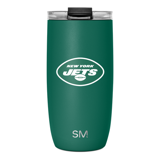 Forest green stainless steel tumbler with solid black lid and clear plastic top, featuring logo details on the lid.