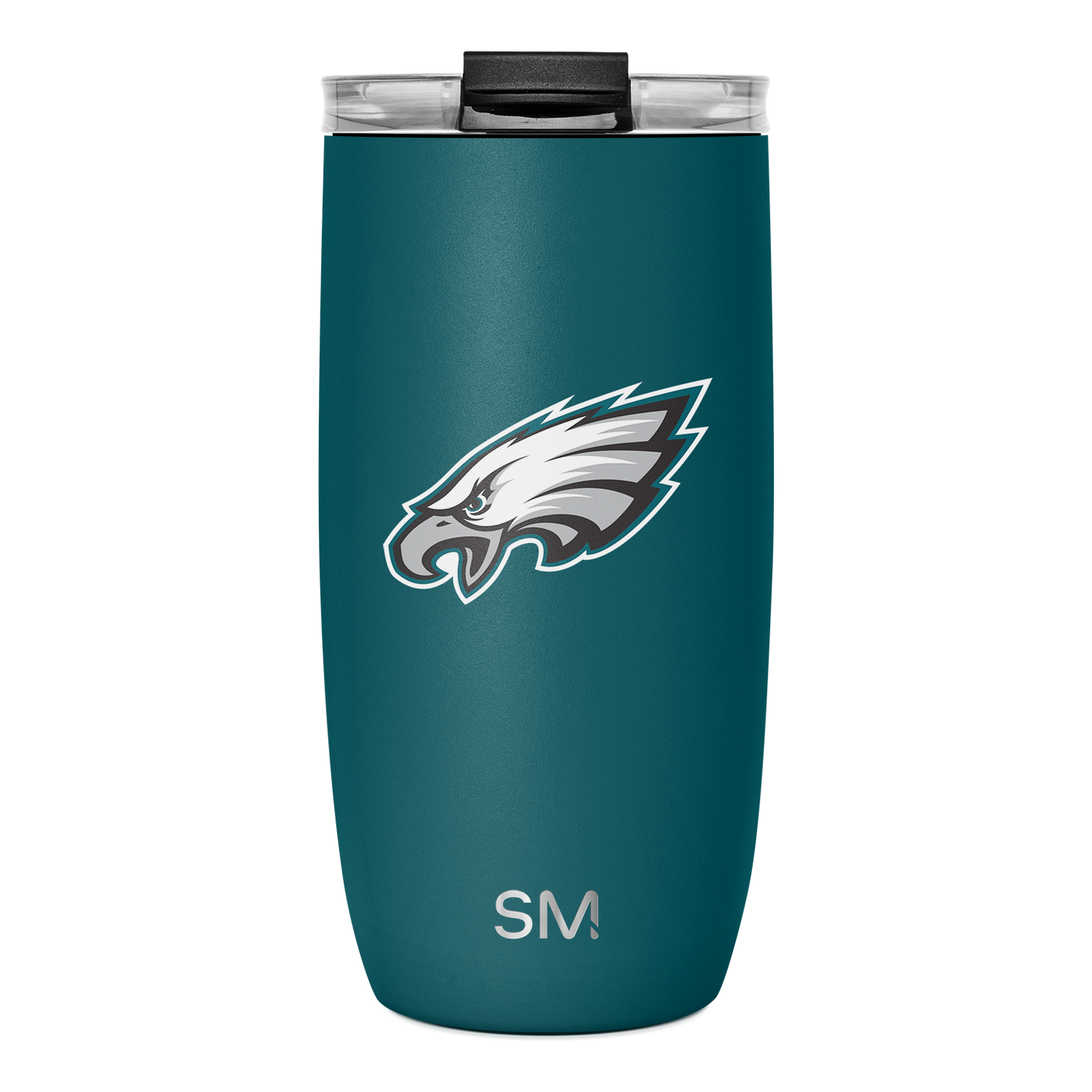 Teal stainless steel tumbler with black matte lid, white and gray logo branding