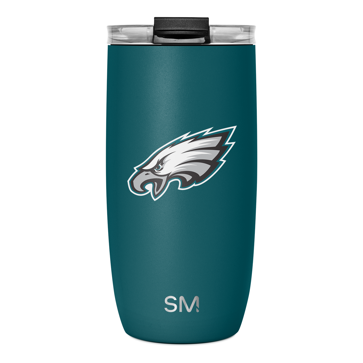 Teal stainless steel tumbler with black matte lid, white and gray logo branding