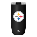 Black cylindrical matte tumbler with circular logo badge on white background