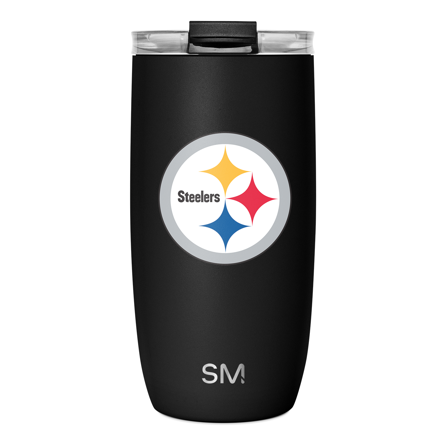Black cylindrical matte tumbler with circular logo badge on white background