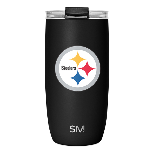 Black cylindrical matte tumbler with circular logo badge on white background