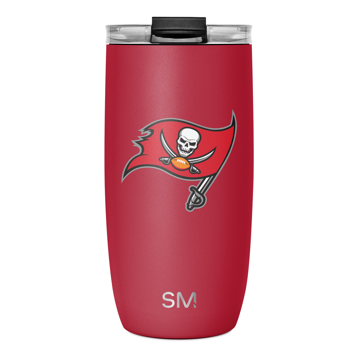 Cardinal red insulated tumbler with white and dark gray accents, black lid, and orange details