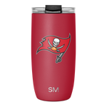 Cardinal red insulated tumbler with white and dark gray accents, black lid, and orange details