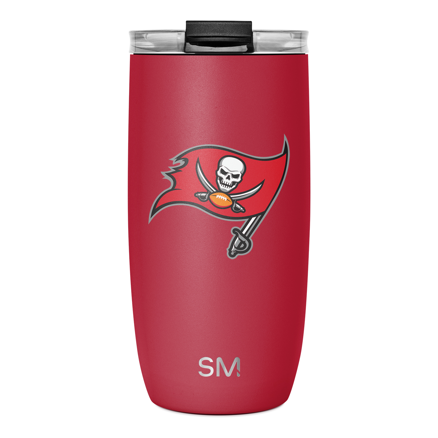 Cardinal red insulated tumbler with white and dark gray accents, black lid, and orange details