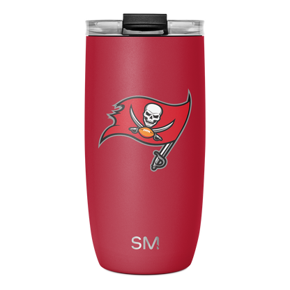 Cardinal red insulated tumbler with white and dark gray accents, black lid, and orange details