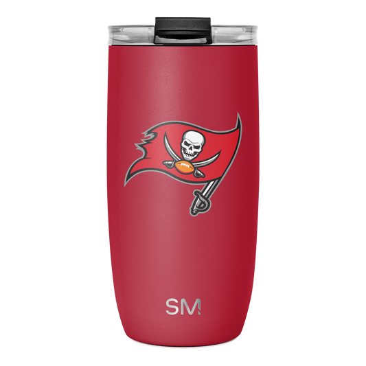 Cardinal red insulated tumbler with white and dark gray accents, black lid, and orange details