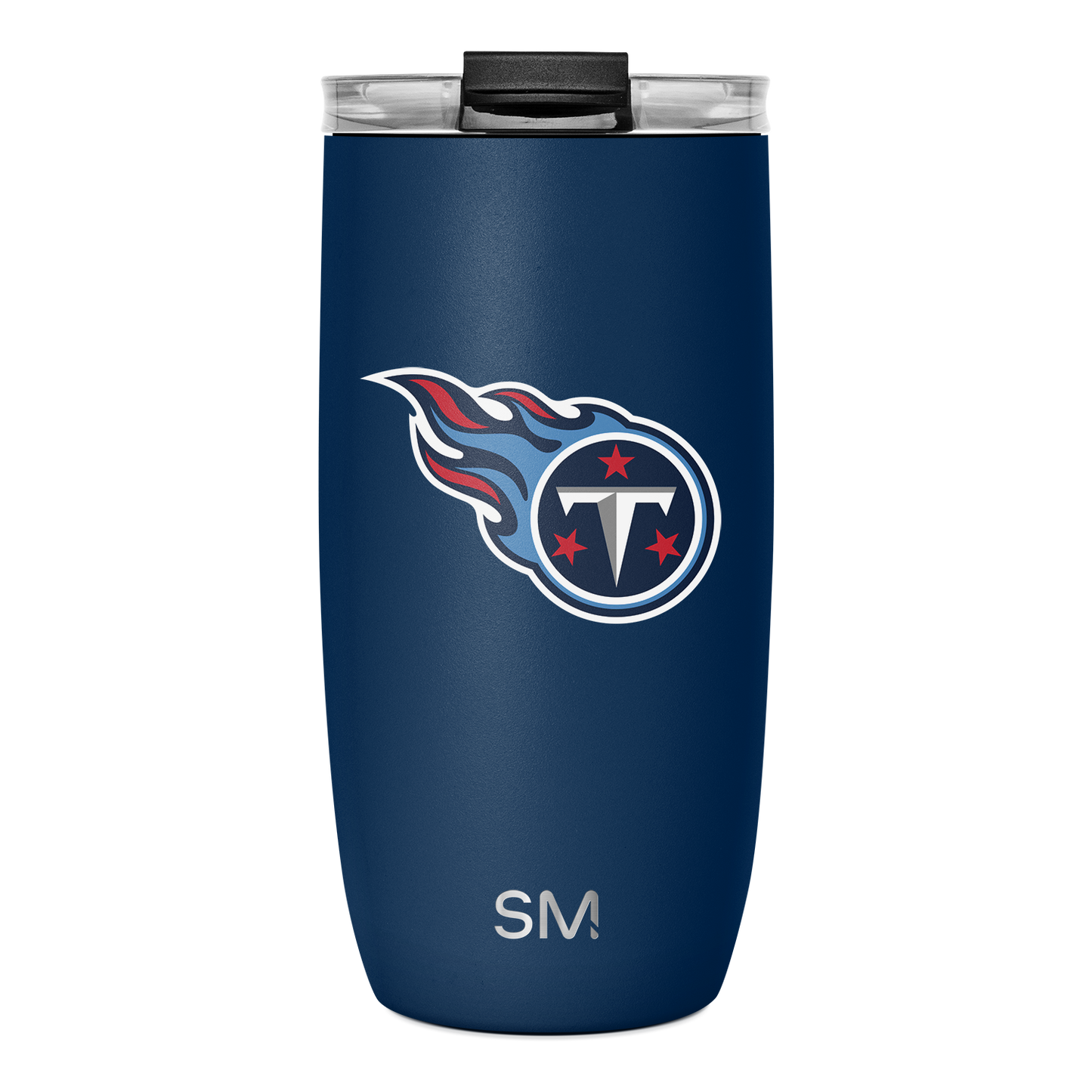 Deep navy blue tumbler with Tennessee Titans logo featuring red and white accents, including red stars and letter T design.