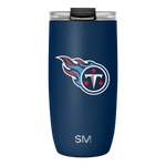 Deep navy blue tumbler with Tennessee Titans logo featuring red and white accents, including red stars and letter T design.