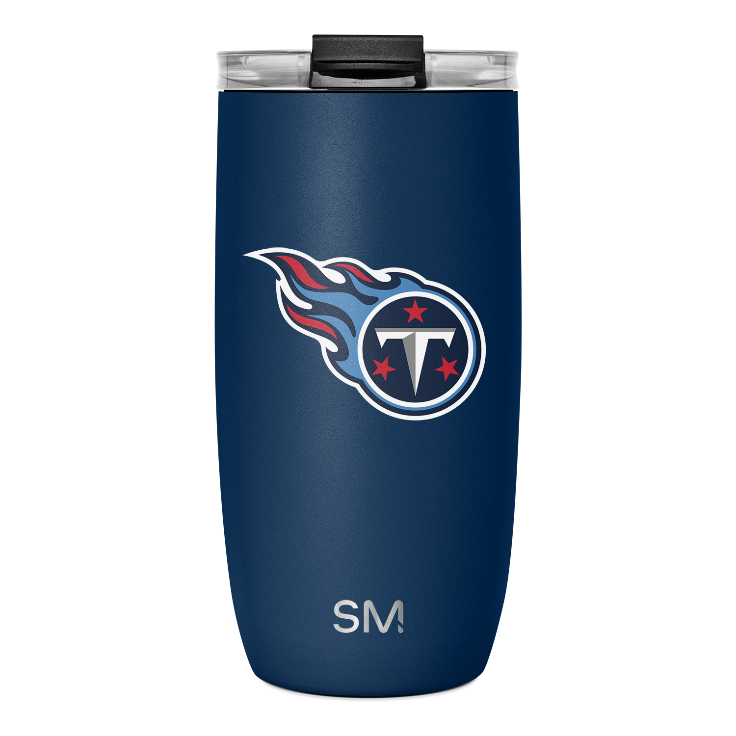 Deep navy blue tumbler with Tennessee Titans logo featuring red and white accents, including red stars and letter T design.