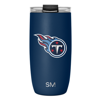 Deep navy blue tumbler with Tennessee Titans logo featuring red and white accents, including red stars and letter T design.