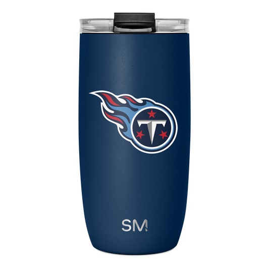 Deep navy blue tumbler with Tennessee Titans logo featuring red and white accents, including red stars and letter T design.