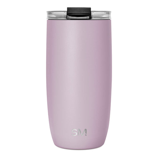 Mauve dusty pink tumbler with clear glass compartments on top and black accent trim, featuring a soft muted aesthetic
