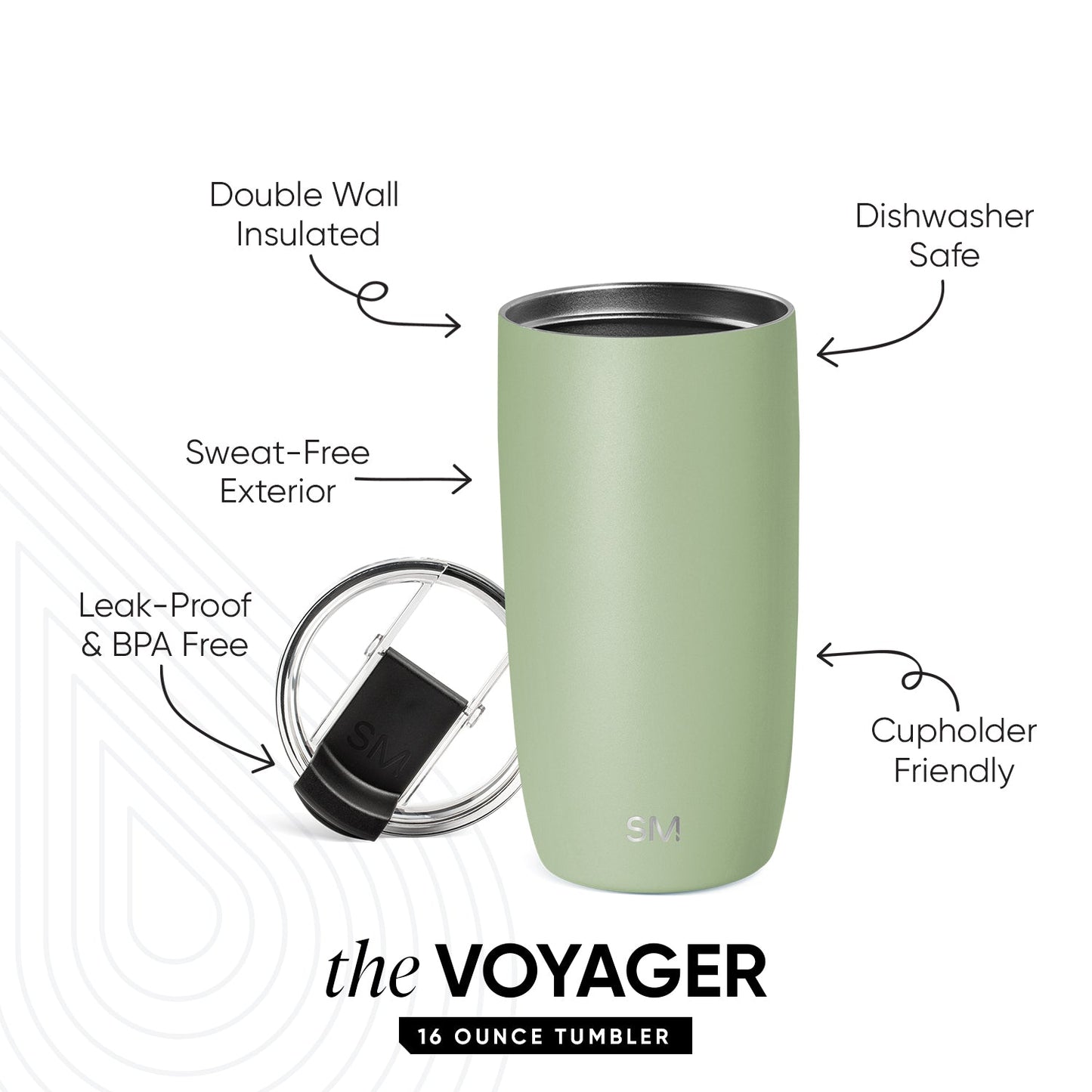 Voyager 16 ounce tumbler in soft sage green with cool gray accents, cylindrical design for hot and cold beverages