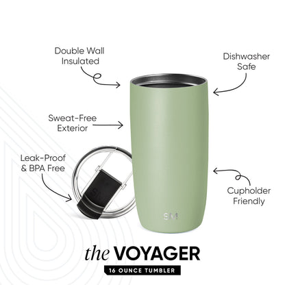 Voyager 16 ounce tumbler in soft sage green with cool gray accents, cylindrical design for hot and cold beverages
